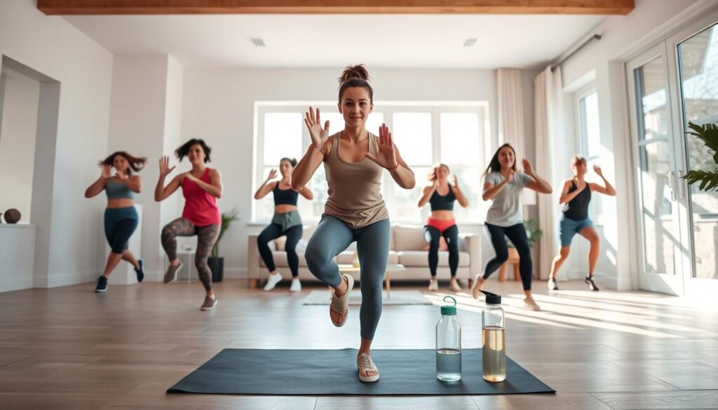 A bright, airy living room with natural light streaming in through large windows. In the middle of the room, a woman performs a series of micro-workouts, including jumping jacks, squats, and planks. Her movements are dynamic and focused, her expression determined. The camera captures her from multiple angles, highlighting the simplicity and effectiveness of these quick, high-intensity exercises that can be done at home. The space is uncluttered, with minimal props like a yoga mat and water bottle in the foreground, emphasizing the accessibility of these routines. An atmosphere of motivation and empowerment pervades the scene.
