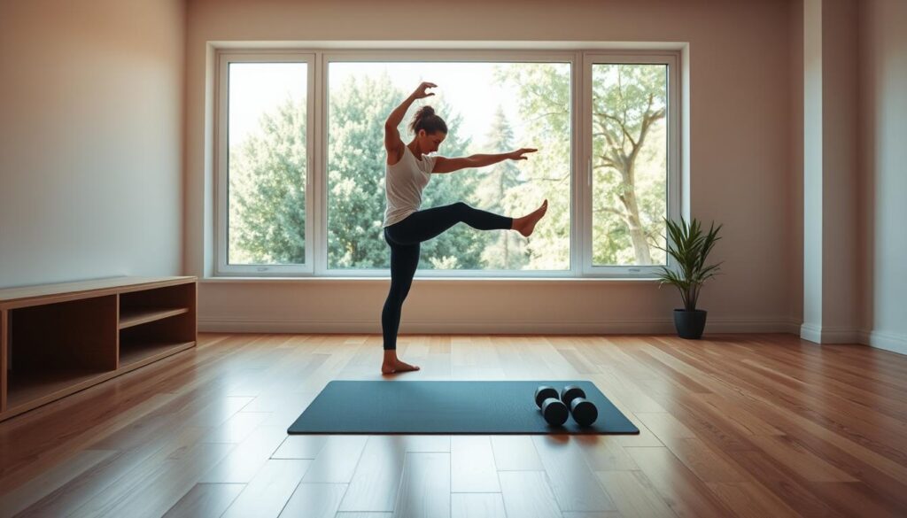 A brightly lit, minimalist home gym with hardwood floors. In the foreground, a person performs a series of dynamic stretches, their limbs flowing with graceful movement. In the middle ground, a compact exercise mat and a set of lightweight dumbbells sit neatly arranged, ready for a quick but intense workout. The background features a large window overlooking a lush, verdant landscape, bathing the scene in warm, natural light. The overall atmosphere is one of focus, efficiency, and a sense of rejuvenation, capturing the essence of a quick, effective home workout routine. A brightly lit, minimalist home gym with hardwood floors. In the foreground, a person performs a series of dynamic stretches, their limbs flowing with graceful movement. In the middle ground, a compact exercise mat and a set of lightweight dumbbells sit neatly arranged, ready for a quick but intense workout. The background features a large window overlooking a lush, verdant landscape, bathing the scene in warm, natural light. The overall atmosphere is one of focus, efficiency, and a sense of rejuvenation, capturing the essence of a quick, effective home workout routine.