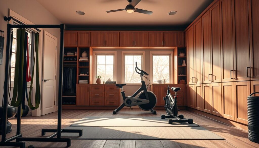 A cozy and functional home gym with a sleek, minimalist design. In the foreground, a high-quality resistance band setup and a compact, adjustable dumbbell rack. In the middle ground, a multi-purpose exercise mat and a foldable exercise bike, bathed in warm, natural lighting from large windows. The background features built-in storage cabinets and shelves, housing a collection of fitness accessories and equipment. The overall atmosphere is one of efficiency, practicality, and a dedication to maintaining a healthy lifestyle within the comfort of one's own home.