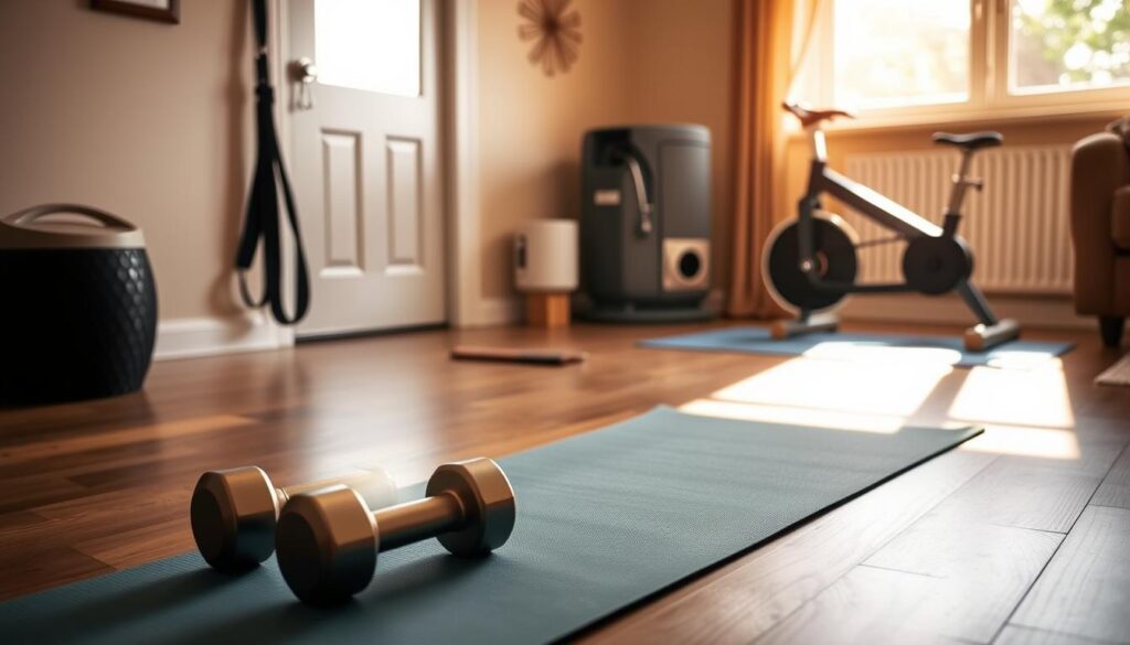 A cozy home gym, bathed in warm natural light, showcases a minimalist array of compact exercise equipment. In the foreground, a yoga mat and a pair of dumbbells sit ready for a quick, efficient workout. The middle ground features a resistance band anchored to the wall, while a foldable exercise bike stands in the background, hinting at the versatility of this compact fitness setup. The overall atmosphere is one of simplicity, practicality, and the possibility of an invigorating yet time-efficient training session, all within the comfort of one's own living space. A cozy home gym, bathed in warm natural light, showcases a minimalist array of compact exercise equipment. In the foreground, a yoga mat and a pair of dumbbells sit ready for a quick, efficient workout. The middle ground features a resistance band anchored to the wall, while a foldable exercise bike stands in the background, hinting at the versatility of this compact fitness setup. The overall atmosphere is one of simplicity, practicality, and the possibility of an invigorating yet time-efficient training session, all within the comfort of one's own living space.