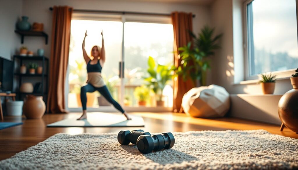 A cozy home gym with minimal equipment, natural lighting, and a cheerful, motivating atmosphere. In the foreground, a person performs low-impact exercises like yoga or pilates on a plush mat. In the middle ground, a couple of compact, versatile resistance bands or dumbbells lie ready for use. The background features a large window or sliding glass door, letting in warm, diffused sunlight and offering a glimpse of a peaceful, plant-filled living space. The overall vibe is one of efficiency, comfort, and a sense of empowerment to stay active in limited quarters. A cozy home gym with minimal equipment, natural lighting, and a cheerful, motivating atmosphere. In the foreground, a person performs low-impact exercises like yoga or pilates on a plush mat. In the middle ground, a couple of compact, versatile resistance bands or dumbbells lie ready for use. The background features a large window or sliding glass door, letting in warm, diffused sunlight and offering a glimpse of a peaceful, plant-filled living space. The overall vibe is one of efficiency, comfort, and a sense of empowerment to stay active in limited quarters.