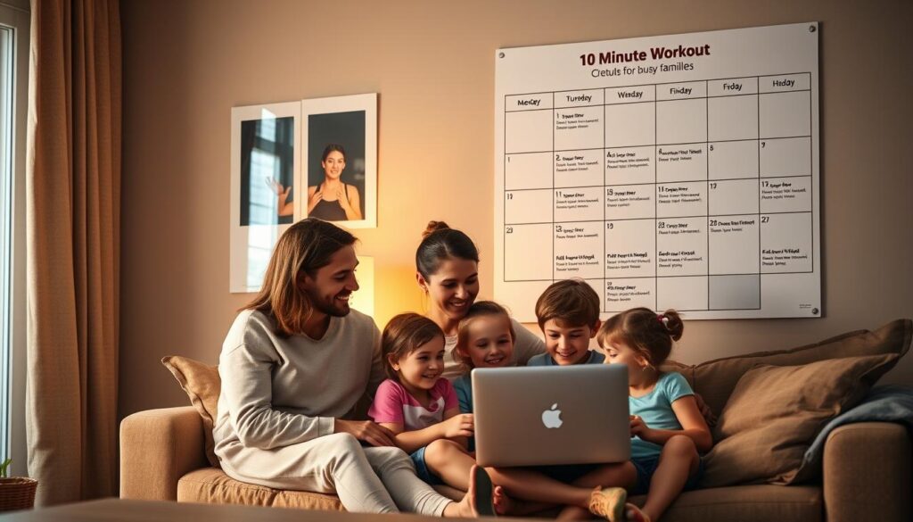 A cozy home interior, with a large calendar on the wall showcasing a simple 10-minute workout schedule for busy families. The calendar pages are crisp and clean, with a minimalist design. In the foreground, a family of four - two parents and two children - is gathered around a laptop, discussing the daily routine. Warm, soft lighting illuminates the scene, creating a welcoming atmosphere. The overall mood is one of organization, efficiency, and a dedication to physical well-being, even in the midst of a hectic schedule.