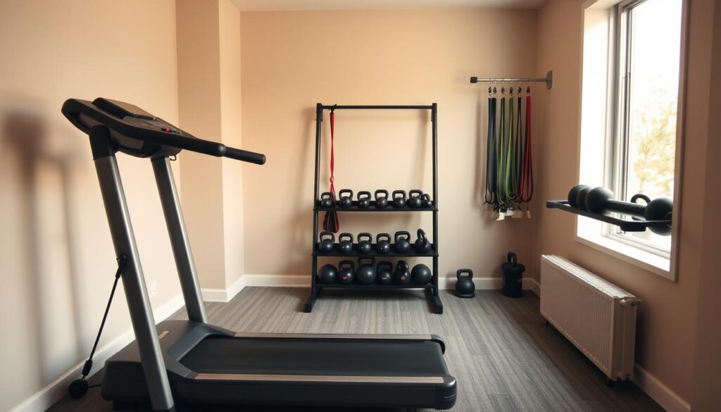 A cozy, well-equipped home gym showcasing compact fitness equipment. The foreground features a sleek, modern treadmill positioned near a large window, allowing natural light to pour in. In the middle ground, a weight rack with a variety of dumbbells and kettlebells stands against a minimalist, neutral-toned wall. The background reveals a small, but efficient multi-purpose workout station, complete with a pull-up bar and resistance bands. The overall atmosphere is warm and inviting, with soft, diffused lighting casting a calming glow throughout the space. The layout is thoughtfully designed to maximize functionality in a limited square footage, creating a practical and inspiring fitness oasis within a residential setting.