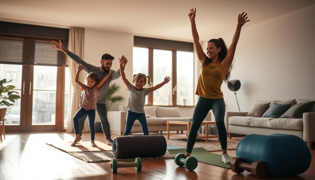 A cozy, well-lit home setting. In the foreground, a family of four - parents and two young children - engaged in various exercise activities. The parents lead the children in a series of dynamic stretches and bodyweight exercises, their expressions joyful and encouraging. Muted natural light filters in through large windows, casting a warm glow over the scene. The middle ground features a selection of simple home fitness equipment - yoga mats, resistance bands, and dumbbells - neatly arranged. The background depicts a minimalist living room, with clean lines, neutral tones, and a sense of balance and harmony. The overall atmosphere is one of togetherness, wellness, and a celebration of an active, urban lifestyle. A cozy, well-lit home setting. In the foreground, a family of four - parents and two young children - engaged in various exercise activities. The parents lead the children in a series of dynamic stretches and bodyweight exercises, their expressions joyful and encouraging. Muted natural light filters in through large windows, casting a warm glow over the scene. The middle ground features a selection of simple home fitness equipment - yoga mats, resistance bands, and dumbbells - neatly arranged. The background depicts a minimalist living room, with clean lines, neutral tones, and a sense of balance and harmony. The overall atmosphere is one of togetherness, wellness, and a celebration of an active, urban lifestyle.