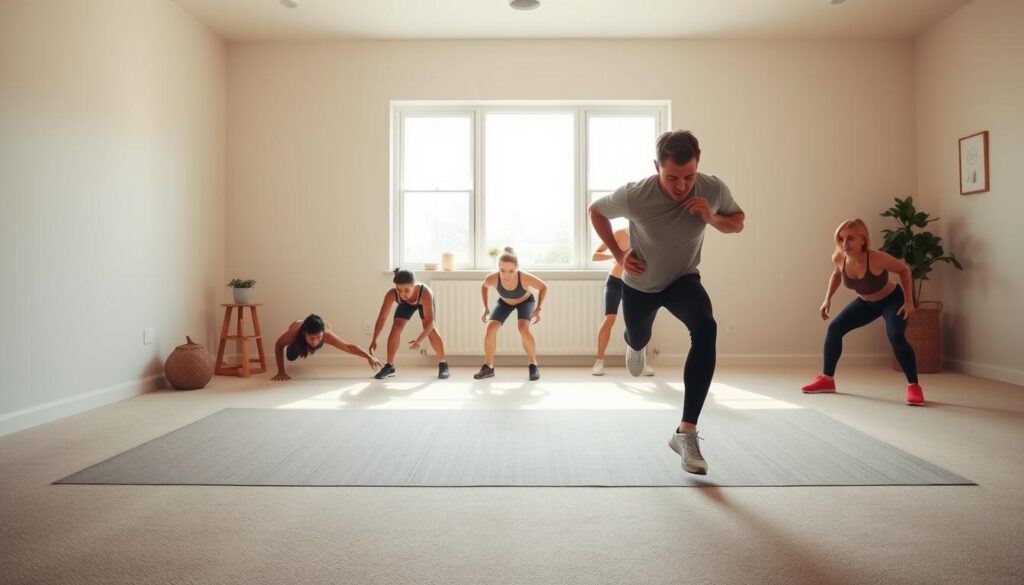 A dynamic, well-lit home gym scene with a focus on a variety of quick, equipment-free exercises. In the foreground, a person performing high knees, jumping jacks, and lunges against a clean, bright backdrop. In the middle ground, other simple yet effective bodyweight exercises like pushups, squats, and ab crunches. The background features neutral-toned walls, with minimalist decor and natural lighting casting a warm, motivating glow over the entire space. The overall mood is energetic, practical, and accessible, inspiring viewers to try these no-equipment home workouts. A dynamic, well-lit home gym scene with a focus on a variety of quick, equipment-free exercises. In the foreground, a person performing high knees, jumping jacks, and lunges against a clean, bright backdrop. In the middle ground, other simple yet effective bodyweight exercises like pushups, squats, and ab crunches. The background features neutral-toned walls, with minimalist decor and natural lighting casting a warm, motivating glow over the entire space. The overall mood is energetic, practical, and accessible, inspiring viewers to try these no-equipment home workouts.