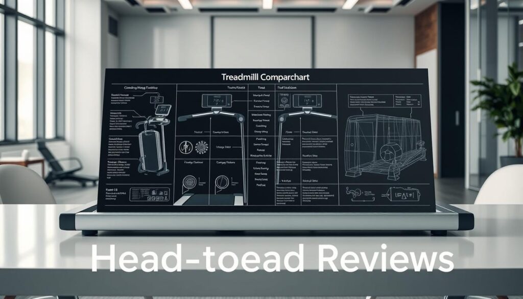 A highly detailed, technical comparison chart showcasing multiple treadmill models side-by-side. The chart is displayed on a sleek, minimalist table in a well-lit, modern office setting. The treadmills are depicted with precise engineering-style schematics, highlighting key specifications and features. Subtle, neutral-toned colors create a sophisticated, authoritative atmosphere. The overall composition emphasizes a sense of clarity, professionalism and in-depth analysis, perfectly suited to the "Head-to-Head Reviews" section of the article.