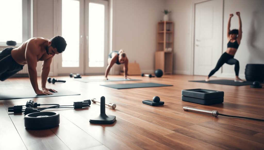 A minimalist home gym setup with various bodyweight exercise equipment and implements laid out on a hardwood floor. In the foreground, a person performs a pushup in perfect form, their muscles engaged. In the middle ground, another person squats deeply, their knees tracking their toes. In the background, a person holds a side plank, their core braced. Natural, soft lighting filters in through large windows, casting a warm glow. The scene exudes a sense of simplicity, functionality, and achievable fitness for the everyday person.