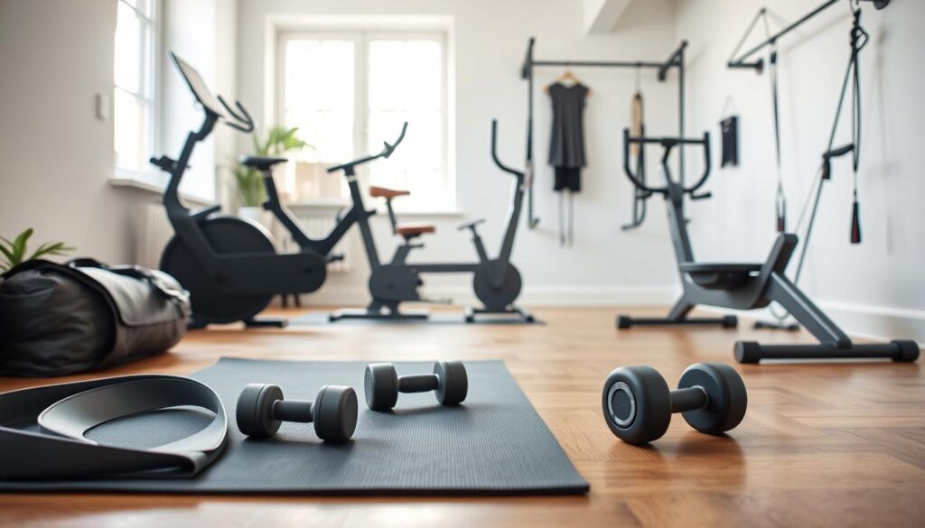 A neatly arranged display of compact, minimalist fitness equipment designed for small-space living. In the foreground, a set of resistance bands, a yoga mat, and a pair of dumbbells in muted shades of gray and navy. The middle ground features a foldable exercise bike and a compact rowing machine in sleek, modern silhouettes. The background showcases a wall-mounted pull-up bar and a suspension training system, all in a well-lit, airy room with natural light filtering in through large windows. The overall atmosphere is one of efficiency, functionality, and a seamless integration of exercise gear into a cozy, urban living space.