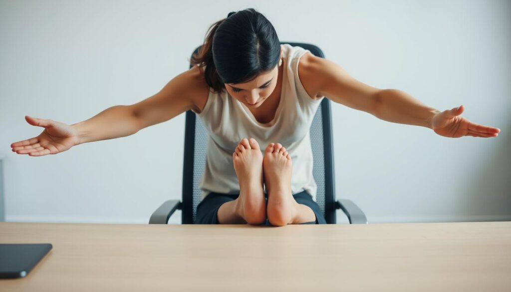 A person seated at a desk, performing a series of gentle stretches. The foreground shows their torso and arms, with hands grasping the edge of the desk as they lean forward, elongating their spine. The middle ground reveals their legs, extended straight out, feet planted firmly. The background is a minimalist office setting, with a plain wall or window providing a clean, uncluttered backdrop. Soft, diffused lighting creates a calming, natural atmosphere. The pose and expression convey a sense of focused relaxation, as the person takes a moment to alleviate built-up tension from prolonged sitting. A person seated at a desk, performing a series of gentle stretches. The foreground shows their torso and arms, with hands grasping the edge of the desk as they lean forward, elongating their spine. The middle ground reveals their legs, extended straight out, feet planted firmly. The background is a minimalist office setting, with a plain wall or window providing a clean, uncluttered backdrop. Soft, diffused lighting creates a calming, natural atmosphere. The pose and expression convey a sense of focused relaxation, as the person takes a moment to alleviate built-up tension from prolonged sitting.
