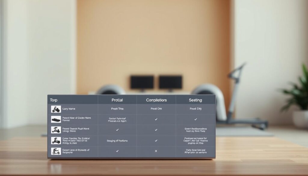 A sleek, minimalist comparison table showcasing top home gym equipment against a soft, muted background. The table features high-quality product images in the foreground, arranged neatly with clean lines and balanced spacing. The midground displays concise, informative product details and specifications in a neutral, easy-to-read font. The background is a gently blurred, warm-toned environment, creating a sense of depth and professionalism. Subtle, natural lighting illuminates the scene, highlighting the sophisticated, technology-focused aesthetic. The overall composition conveys an authoritative, well-researched presentation of the best home fitness devices.