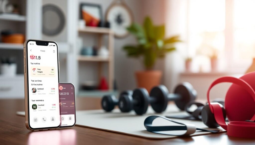 A sleek, minimalist home fitness app interface with a clean, intuitive layout. In the foreground, a glowing, transparent smartphone screen displays a well-designed app dashboard featuring a variety of workout routines, timers, and reminders. The middle ground showcases a range of fitness equipment, including dumbbells, yoga mats, and resistance bands, all rendered in a soft, muted color palette. In the background, a serene, blurred home environment with natural lighting creates a calming, motivational atmosphere for the user. A sleek, minimalist home fitness app interface with a clean, intuitive layout. In the foreground, a glowing, transparent smartphone screen displays a well-designed app dashboard featuring a variety of workout routines, timers, and reminders. The middle ground showcases a range of fitness equipment, including dumbbells, yoga mats, and resistance bands, all rendered in a soft, muted color palette. In the background, a serene, blurred home environment with natural lighting creates a calming, motivational atmosphere for the user.