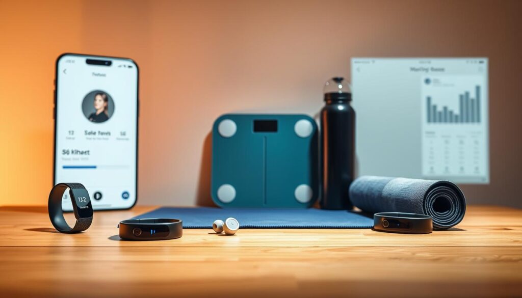 A stylized, high-resolution image of budget-friendly smart fitness gadgets arranged on a wooden surface, with a minimalist, modern aesthetic. In the foreground, sleek fitness trackers, wireless earbuds, and a yoga mat are neatly displayed. The middle ground features a smart fitness scale and a connected water bottle, all bathed in warm, diffused lighting. In the background, a minimalist fitness app interface is projected onto a plain white wall, showcasing its clean and intuitive design. A stylized, high-resolution image of budget-friendly smart fitness gadgets arranged on a wooden surface, with a minimalist, modern aesthetic. In the foreground, sleek fitness trackers, wireless earbuds, and a yoga mat are neatly displayed. The middle ground features a smart fitness scale and a connected water bottle, all bathed in warm, diffused lighting. In the background, a minimalist fitness app interface is projected onto a plain white wall, showcasing its clean and intuitive design.