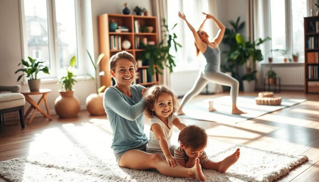 A warm, vibrant family scene captured in a sun-dappled living room. In the foreground, a parent and child perform a core-strengthening exercise on plush carpeting, their expressions joyful and focused. In the middle ground, another parent and child engage in a playful yoga pose, their bodies gracefully intertwined. Bookshelves and houseplants in the background lend a cozy, domestic atmosphere. Gentle, diffused lighting from large windows creates a sense of natural, ambient illumination. The overall mood is one of togetherness, health, and a celebration of the simple pleasures of family fitness at home.