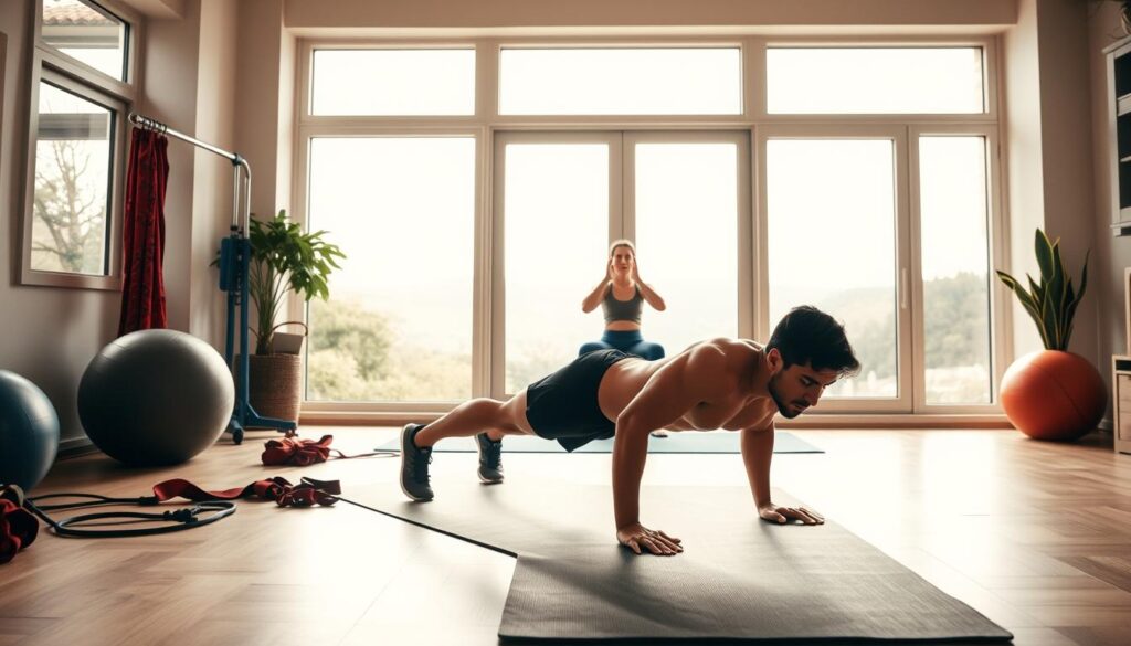 A well-lit, airy home gym setting with a variety of bodyweight exercise equipment, including a yoga mat, resistance bands, and a stability ball. In the foreground, a fit individual performs a push-up, their muscles engaging as they move. In the middle ground, another person does squats, their form strong and balanced. The background features large windows overlooking a serene outdoor landscape, creating a sense of peaceful tranquility. The lighting is soft and diffused, casting a warm glow on the scene. The overall atmosphere is one of focus, determination, and a holistic approach to fitness. A well-lit, airy home gym setting with a variety of bodyweight exercise equipment, including a yoga mat, resistance bands, and a stability ball. In the foreground, a fit individual performs a push-up, their muscles engaging as they move. In the middle ground, another person does squats, their form strong and balanced. The background features large windows overlooking a serene outdoor landscape, creating a sense of peaceful tranquility. The lighting is soft and diffused, casting a warm glow on the scene. The overall atmosphere is one of focus, determination, and a holistic approach to fitness.