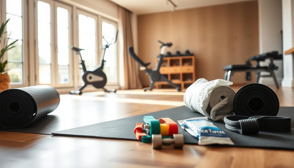 A well-lit, airy home gym setting with a warm, inviting atmosphere. In the foreground, an array of essential fitness safety equipment is neatly arranged, including a sturdy exercise mat, a foam roller, resistance bands in various strengths, and a pack of ice packs. In the middle ground, a modern exercise bike and a set of adjustable dumbbells sit on a sleek wooden floor, while in the background, large windows allow natural light to flood the space, creating a sense of openness and tranquility. The overall composition conveys a balanced, thoughtful approach to home fitness, emphasizing the importance of safety and injury prevention. A well-lit, airy home gym setting with a warm, inviting atmosphere. In the foreground, an array of essential fitness safety equipment is neatly arranged, including a sturdy exercise mat, a foam roller, resistance bands in various strengths, and a pack of ice packs. In the middle ground, a modern exercise bike and a set of adjustable dumbbells sit on a sleek wooden floor, while in the background, large windows allow natural light to flood the space, creating a sense of openness and tranquility. The overall composition conveys a balanced, thoughtful approach to home fitness, emphasizing the importance of safety and injury prevention.
