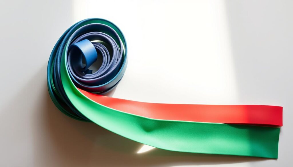 A well-lit, close-up photograph of various resistance bands neatly coiled and arranged on a clean, light-colored surface. The bands should be of different colors and thicknesses, showcasing their versatility. The composition should emphasize the compactness and portability of the bands, with a focus on how they can be easily stored and transported. Soft, diffused lighting from the side creates shadows that highlight the texture and form of the bands. The image should convey a sense of organization, efficiency, and the practical benefits of resistance bands for travel and fitness on-the-go. A well-lit, close-up photograph of various resistance bands neatly coiled and arranged on a clean, light-colored surface. The bands should be of different colors and thicknesses, showcasing their versatility. The composition should emphasize the compactness and portability of the bands, with a focus on how they can be easily stored and transported. Soft, diffused lighting from the side creates shadows that highlight the texture and form of the bands. The image should convey a sense of organization, efficiency, and the practical benefits of resistance bands for travel and fitness on-the-go.