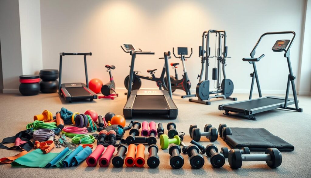 A well-lit, high-quality product photography setup showcasing a comparison of top budget gym equipment brands. In the foreground, an array of diverse fitness tools like resistance bands, yoga mats, and dumbbells neatly arranged on a clean, neutral-toned surface. In the middle ground, the main equipment pieces such as a foldable treadmill, an adjustable exercise bike, and a compact weight rack displayed from multiple angles to highlight their key features. The background is a softly blurred studio setting with neutral-colored walls and subtle, warm lighting to create a professional, detail-oriented atmosphere. The overall composition emphasizes the quality, value, and versatility of these budget-friendly home gym essentials. A well-lit, high-quality product photography setup showcasing a comparison of top budget gym equipment brands. In the foreground, an array of diverse fitness tools like resistance bands, yoga mats, and dumbbells neatly arranged on a clean, neutral-toned surface. In the middle ground, the main equipment pieces such as a foldable treadmill, an adjustable exercise bike, and a compact weight rack displayed from multiple angles to highlight their key features. The background is a softly blurred studio setting with neutral-colored walls and subtle, warm lighting to create a professional, detail-oriented atmosphere. The overall composition emphasizes the quality, value, and versatility of these budget-friendly home gym essentials.