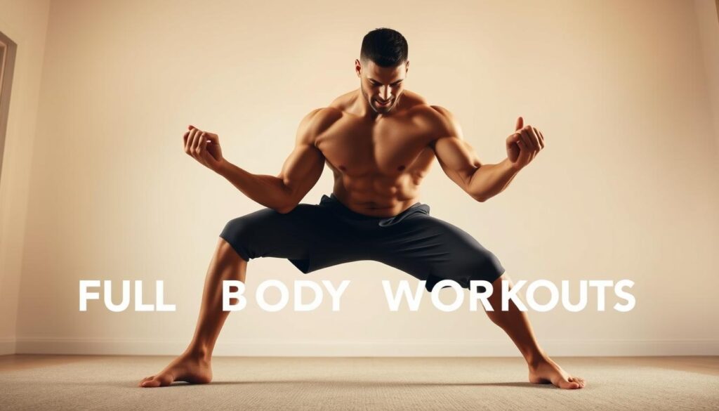 A well-lit, high-resolution full-body image of a muscular person performing a dynamic no-equipment home workout. The subject is positioned in the center of the frame, with a minimalist background of a simple home gym or living room setting. Soft, warm lighting from multiple angles highlights the subject's defined physique and fluid movements. The pose conveys strength, control, and determination, reflecting the "Best Full Body Workouts for Every Level" theme. The image has a clean, aspirational aesthetic, inspiring viewers to engage in effective home-based fitness.