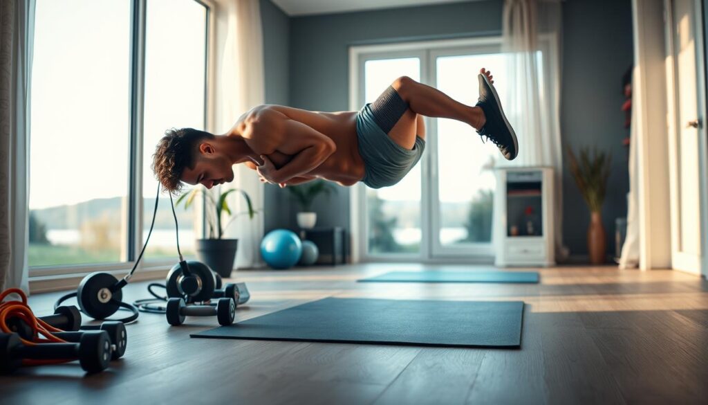 A well-lit home gym setting with a serene, relaxing atmosphere. In the foreground, a fit person performing a full-body bodyweight exercise, such as a plank with leg raises. The middle ground features exercise equipment like resistance bands, dumbbells, and a yoga mat. The background showcases large windows overlooking a peaceful outdoor scene, with soft, natural lighting filtering in. The overall mood is one of motivation, tranquility, and the simplicity of an effective home workout routine.