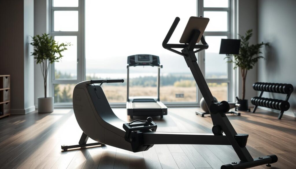 A well-lit, modern home gym interior with a sleek, state-of-the-art rowing machine prominently displayed in the foreground. The machine has a smooth, polished finish and ergonomic design, inviting the user to hop on and start their workout. In the middle ground, a high-quality treadmill and a set of free weights are neatly arranged, showcasing the versatility of the home gym setup. The background features large windows overlooking a serene outdoor landscape, bathing the entire scene in natural light and creating a calming, motivational atmosphere. The overall mood is one of wellness, productivity, and a commitment to a healthy lifestyle. A well-lit, modern home gym interior with a sleek, state-of-the-art rowing machine prominently displayed in the foreground. The machine has a smooth, polished finish and ergonomic design, inviting the user to hop on and start their workout. In the middle ground, a high-quality treadmill and a set of free weights are neatly arranged, showcasing the versatility of the home gym setup. The background features large windows overlooking a serene outdoor landscape, bathing the entire scene in natural light and creating a calming, motivational atmosphere. The overall mood is one of wellness, productivity, and a commitment to a healthy lifestyle.