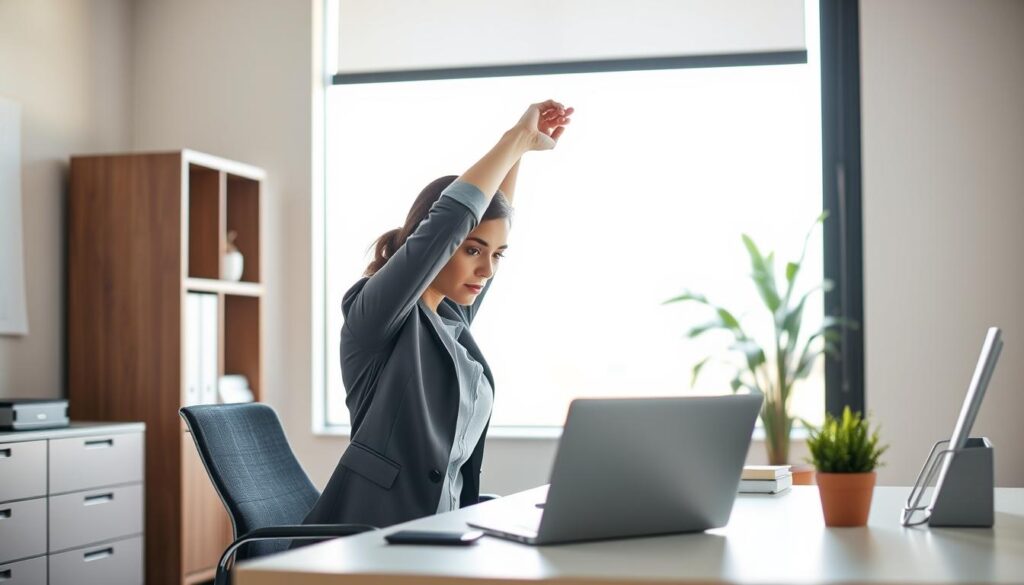 A well-lit office scene, capturing a professional woman sitting at her desk and gently stretching her upper body. The desk is clean and uncluttered, with a laptop, a potted plant, and a minimalist desk organizer. Soft natural light filters through a nearby window, casting a warm glow on the scene. The woman is dressed in casual business attire, her expression serene and focused as she performs a series of simple desk-based stretches, mindful of her posture and movements. The atmosphere conveys a sense of calm productivity, encouraging viewers to consider how they can incorporate quick, easy stretches into their own workday routines. A well-lit office scene, capturing a professional woman sitting at her desk and gently stretching her upper body. The desk is clean and uncluttered, with a laptop, a potted plant, and a minimalist desk organizer. Soft natural light filters through a nearby window, casting a warm glow on the scene. The woman is dressed in casual business attire, her expression serene and focused as she performs a series of simple desk-based stretches, mindful of her posture and movements. The atmosphere conveys a sense of calm productivity, encouraging viewers to consider how they can incorporate quick, easy stretches into their own workday routines.