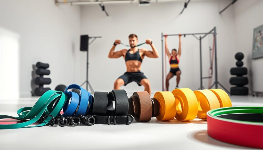 A well-lit studio scene showcasing an assortment of high-quality resistance bands in the foreground. The bands should be arranged neatly, displaying a range of colors, resistances, and lengths to represent the diversity of options available for home workouts. In the middle ground, a fitness model demonstrates proper form while using the bands for a variety of exercises, such as bicep curls, squats, and shoulder presses. The background should feature a clean, minimalist setting with a neutral color palette to keep the focus on the resistance bands and their usage. Lighting should be soft and directional, creating subtle shadows and highlights to accentuate the textural details of the bands. The overall atmosphere should convey a sense of professionalism, practicality, and utility for the home fitness enthusiast. A well-lit studio scene showcasing an assortment of high-quality resistance bands in the foreground. The bands should be arranged neatly, displaying a range of colors, resistances, and lengths to represent the diversity of options available for home workouts. In the middle ground, a fitness model demonstrates proper form while using the bands for a variety of exercises, such as bicep curls, squats, and shoulder presses. The background should feature a clean, minimalist setting with a neutral color palette to keep the focus on the resistance bands and their usage. Lighting should be soft and directional, creating subtle shadows and highlights to accentuate the textural details of the bands. The overall atmosphere should convey a sense of professionalism, practicality, and utility for the home fitness enthusiast.