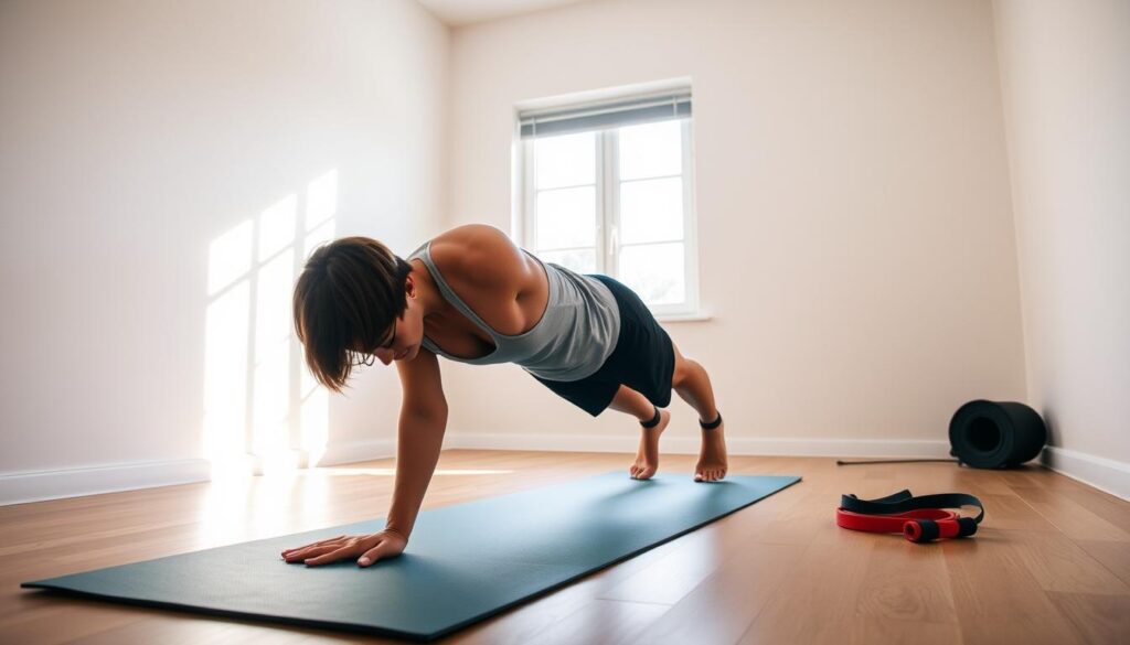 Bodyweight Workouts at Home: A minimalist home gym with a focus on functional movements. In the foreground, a person performs a push-up variation, their muscles engaged as they lower and raise their body. The middle ground features a yoga mat and a set of resistance bands, suggesting a versatile workout routine. The background showcases a plain, uncluttered space, with natural light streaming in through a window, creating a serene and motivating atmosphere. The overall composition conveys the efficiency and accessibility of bodyweight exercises that can be performed in a small, simple home setting. Bodyweight Workouts at Home: A minimalist home gym with a focus on functional movements. In the foreground, a person performs a push-up variation, their muscles engaged as they lower and raise their body. The middle ground features a yoga mat and a set of resistance bands, suggesting a versatile workout routine. The background showcases a plain, uncluttered space, with natural light streaming in through a window, creating a serene and motivating atmosphere. The overall composition conveys the efficiency and accessibility of bodyweight exercises that can be performed in a small, simple home setting.