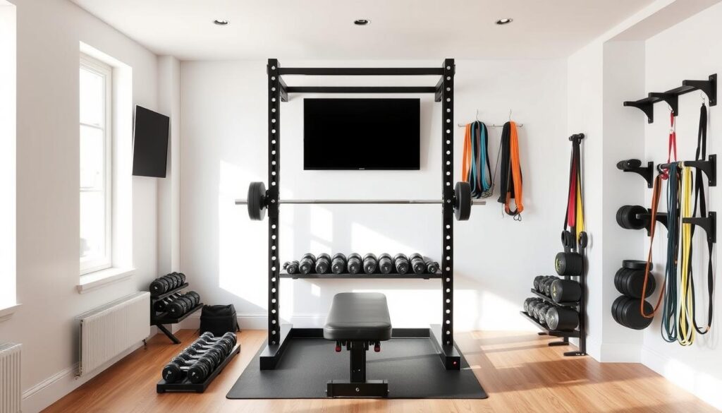 Compact home gym with sleek, minimalist design. A bright, airy space with natural lighting filtering through large windows. Centered on a multifunctional power rack, complemented by a bench, dumbbells, and resistance bands neatly arranged. Wooden floors, white walls, and subtle accent colors create a calming, motivating atmosphere. A wall-mounted TV provides workout guidance. Clever storage solutions like wall-mounted racks maximize the limited floor space. The overall layout is efficient yet aesthetically pleasing, showcasing how to build a fully-equipped gym in a small apartment.