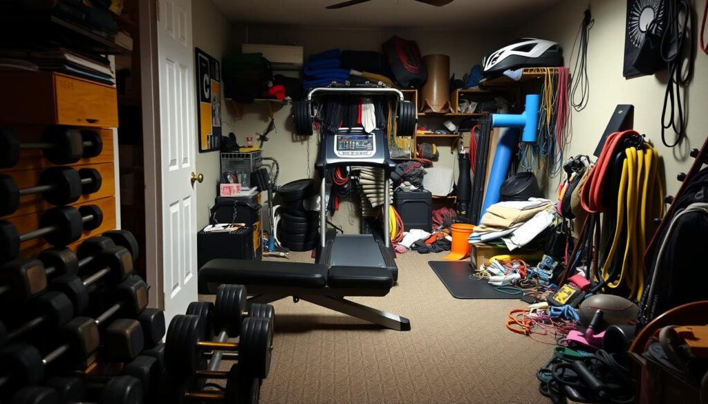 A cramped, dimly-lit home gym filled with ill-planned equipment. In the foreground, a teetering stack of dumbbells occupies precious floor space, while a bulky weight bench awkwardly obstructs the entryway. In the middle ground, a compact treadmill haphazardly positioned near a towering, unstable squat rack. The background reveals a cluttered mess of resistance bands, jump ropes, and yoga mats strewn about, overwhelming the limited available area. The overall scene conveys a sense of chaos and disorganization, serving as a cautionary tale of the "space-sabotaging gym mistakes" to avoid when setting up a compact home fitness setup. A cramped, dimly-lit home gym filled with ill-planned equipment. In the foreground, a teetering stack of dumbbells occupies precious floor space, while a bulky weight bench awkwardly obstructs the entryway. In the middle ground, a compact treadmill haphazardly positioned near a towering, unstable squat rack. The background reveals a cluttered mess of resistance bands, jump ropes, and yoga mats strewn about, overwhelming the limited available area. The overall scene conveys a sense of chaos and disorganization, serving as a cautionary tale of the "space-sabotaging gym mistakes" to avoid when setting up a compact home fitness setup.