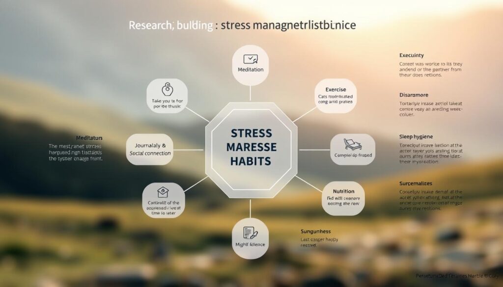 A detailed, data-driven flowchart depicting various stress management habits, rendered in a clean, minimalist style with a soothing, pastel color palette. The foreground features a central hexagonal diagram outlining key techniques like meditation, exercise, journaling, and social connection, with intuitive icons and concise labels. The middle ground showcases supplementary habits like sleep hygiene, nutrition, and mindfulness, arranged in a radial pattern. The background is a serene, blurred landscape with soft lighting, evoking a sense of tranquility and focus. The overall composition conveys a systematic, research-backed approach to building a sustainable stress relief routine. A detailed, data-driven flowchart depicting various stress management habits, rendered in a clean, minimalist style with a soothing, pastel color palette. The foreground features a central hexagonal diagram outlining key techniques like meditation, exercise, journaling, and social connection, with intuitive icons and concise labels. The middle ground showcases supplementary habits like sleep hygiene, nutrition, and mindfulness, arranged in a radial pattern. The background is a serene, blurred landscape with soft lighting, evoking a sense of tranquility and focus. The overall composition conveys a systematic, research-backed approach to building a sustainable stress relief routine.