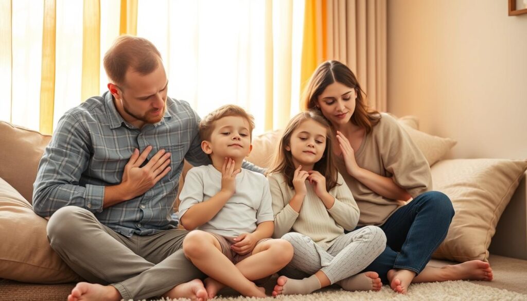 A family of four - two parents, a young boy, and a girl - sitting in a cozy, sun-lit living room. The adults guide the children through gentle breathing exercises, their faces serene and focused. Plush pillows and a soft rug create a comfortable, grounding atmosphere. Warm, diffused light filters through sheer curtains, casting a gentle glow. The scene exudes a sense of calm, connection, and mindfulness as they practice breathwork together.