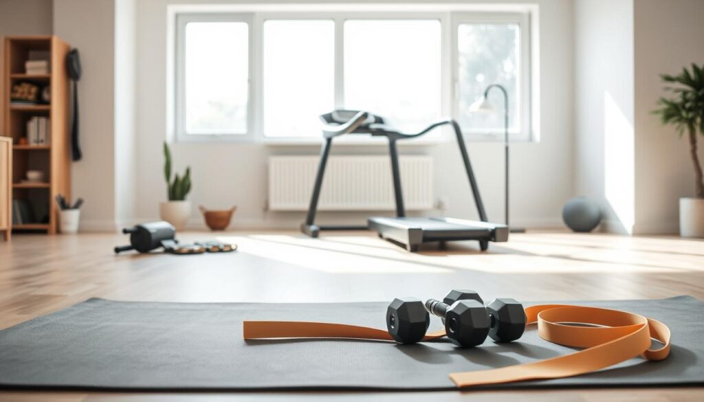 A minimalist home gym setup featuring a variety of affordable fitness equipment. In the foreground, a sturdy exercise mat, resistance bands, and a set of dumbbells in neutral tones. The middle ground showcases a sleek folding treadmill and a compact multi-function workout bench. In the background, natural light streams in through large windows, creating a bright and airy atmosphere. The scene conveys a sense of simplicity, practicality, and accessibility, suitable for an urban family looking to establish a functional and cost-effective home fitness space. A minimalist home gym setup featuring a variety of affordable fitness equipment. In the foreground, a sturdy exercise mat, resistance bands, and a set of dumbbells in neutral tones. The middle ground showcases a sleek folding treadmill and a compact multi-function workout bench. In the background, natural light streams in through large windows, creating a bright and airy atmosphere. The scene conveys a sense of simplicity, practicality, and accessibility, suitable for an urban family looking to establish a functional and cost-effective home fitness space.