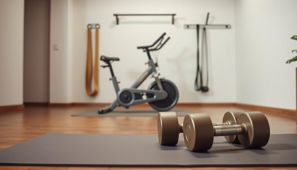 A minimalist home gym with a sleek, modern design. In the foreground, a high-quality exercise mat and a set of dumbbell weights in muted tones. In the middle ground, a sturdy, compact exercise bike with a minimalist frame. In the background, a wall-mounted pull-up bar and a resistance band rack, all in a neutral, earthy color palette. The lighting is soft and diffused, creating a warm, inviting atmosphere. The overall scene conveys a sense of functionality, practicality, and affordability, suitable for a dedicated home fitness space. A minimalist home gym with a sleek, modern design. In the foreground, a high-quality exercise mat and a set of dumbbell weights in muted tones. In the middle ground, a sturdy, compact exercise bike with a minimalist frame. In the background, a wall-mounted pull-up bar and a resistance band rack, all in a neutral, earthy color palette. The lighting is soft and diffused, creating a warm, inviting atmosphere. The overall scene conveys a sense of functionality, practicality, and affordability, suitable for a dedicated home fitness space.