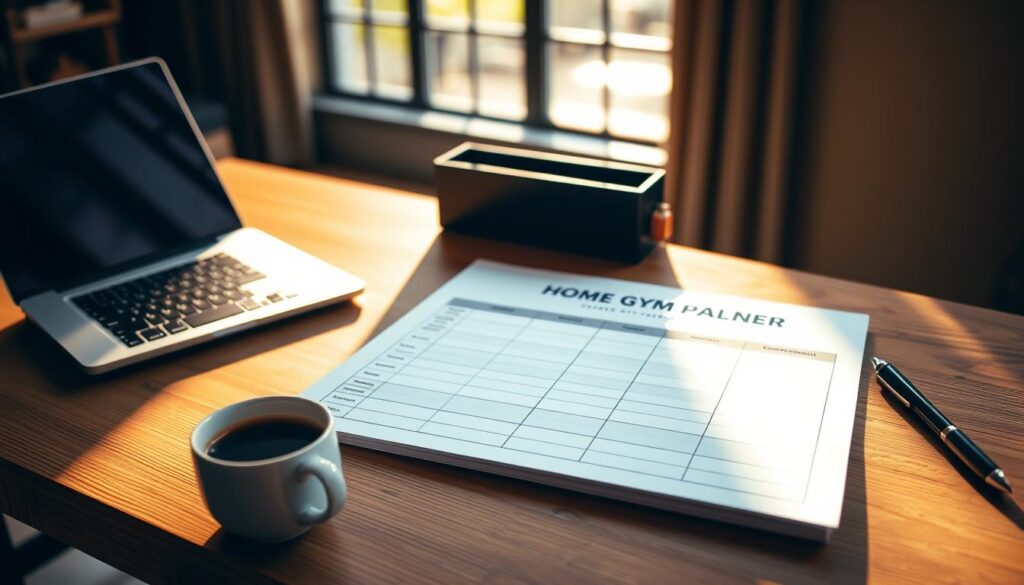 A neatly organized home gym budget planner on a wooden desk, illuminated by warm, natural lighting from a large window. The planner features clean, minimalist design with sections for estimated costs, equipment, and customizable layouts. Alongside it, a laptop, a cup of coffee, and a pen, creating a cozy, productivity-focused atmosphere. The background is blurred, emphasizing the focal point of the planner and creating a sense of focus and clarity. The overall impression is one of a well-planned, efficient, and visually appealing home gym setup. A neatly organized home gym budget planner on a wooden desk, illuminated by warm, natural lighting from a large window. The planner features clean, minimalist design with sections for estimated costs, equipment, and customizable layouts. Alongside it, a laptop, a cup of coffee, and a pen, creating a cozy, productivity-focused atmosphere. The background is blurred, emphasizing the focal point of the planner and creating a sense of focus and clarity. The overall impression is one of a well-planned, efficient, and visually appealing home gym setup.