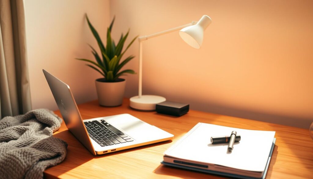 A serene home office setting, bathed in warm, natural lighting. On a wooden desk, a laptop, smartphone, and notebook are neatly arranged, signifying a digital detox. A minimalist desk lamp casts a soft glow, complementing the greenery of a potted plant. The background features a neutral-toned wall, creating a calming, distraction-free environment. Soft textures, such as a knitted throw blanket, contribute to the overall sense of tranquility. The scene conveys a balanced approach to technology, where digital tools are intentionally set aside to create space for focused, mindful activities.