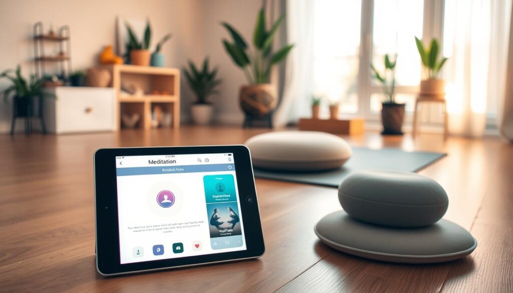A serene meditation space in a cozy home setting. In the foreground, several meditation apps are displayed on a tablet, their soothing interfaces showcasing guided practices and mindfulness tools. In the middle ground, a plush meditation cushion and yoga mat are arranged on a wooden floor, bathed in warm, diffused lighting. The background features a minimalist, yet calming interior, with neutral-toned walls, potted plants, and a large window that allows natural light to filter in, creating a tranquil atmosphere conducive to wellness and relaxation.