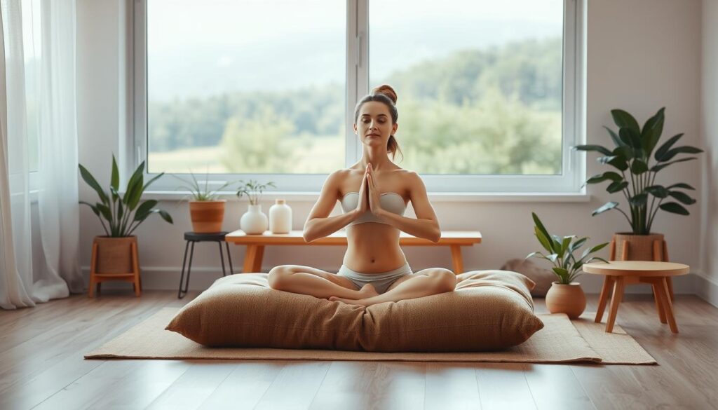 A serene, minimalist scene of a person practicing yoga or meditation in a comfortable home setting. The figure is seated on a plush, earth-toned cushion, surrounded by natural elements like potted plants, a low wooden table, and a large window overlooking a tranquil outdoor landscape. Soft, diffused lighting filters in, creating a calming, contemplative atmosphere. The pose and facial expression of the figure convey a sense of focused relaxation and inner peace. The overall composition evokes a sense of balance, harmony, and stress relief. A serene, minimalist scene of a person practicing yoga or meditation in a comfortable home setting. The figure is seated on a plush, earth-toned cushion, surrounded by natural elements like potted plants, a low wooden table, and a large window overlooking a tranquil outdoor landscape. Soft, diffused lighting filters in, creating a calming, contemplative atmosphere. The pose and facial expression of the figure convey a sense of focused relaxation and inner peace. The overall composition evokes a sense of balance, harmony, and stress relief.