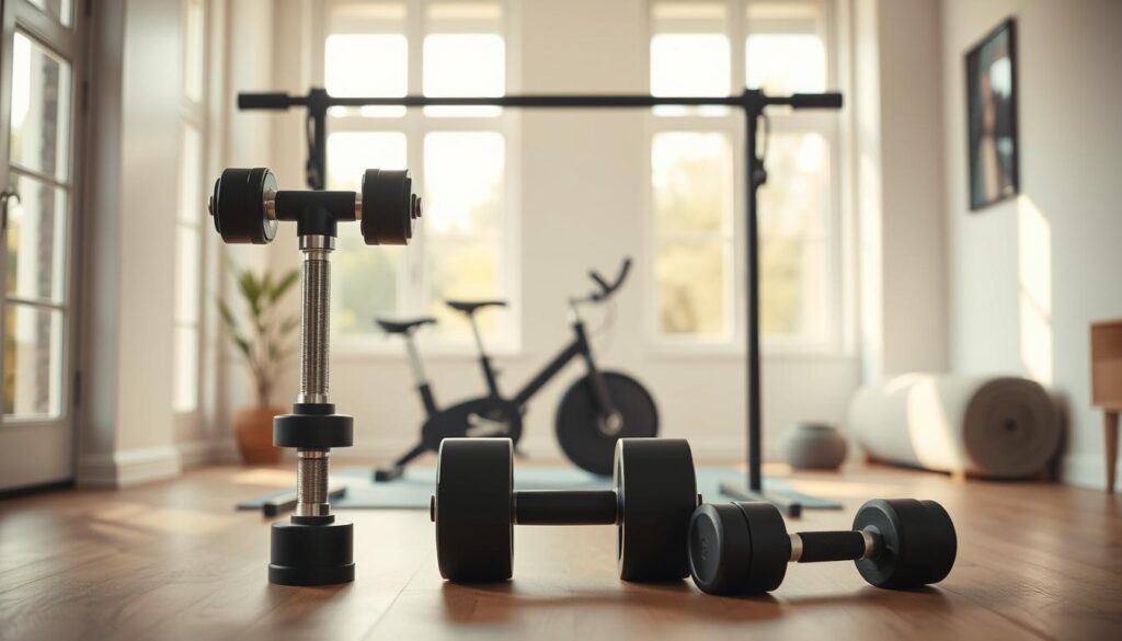 A sleek, minimalist home gym with multi-function equipment arranged in a cozy, light-filled space. A pair of adjustable dumbbells and a collapsible pull-up bar stand in the foreground, conveying the compact, versatile nature of the setup. In the middle ground, a low-profile exercise bike and a yoga mat roll create a balanced, harmonious layout. The background features large windows letting in warm, natural lighting, casting a serene, airy ambiance over the entire scene. The overall design seamlessly integrates practical fitness gear within a small, stylish living area, optimizing limited space for a comprehensive, space-saving home workout solution. A sleek, minimalist home gym with multi-function equipment arranged in a cozy, light-filled space. A pair of adjustable dumbbells and a collapsible pull-up bar stand in the foreground, conveying the compact, versatile nature of the setup. In the middle ground, a low-profile exercise bike and a yoga mat roll create a balanced, harmonious layout. The background features large windows letting in warm, natural lighting, casting a serene, airy ambiance over the entire scene. The overall design seamlessly integrates practical fitness gear within a small, stylish living area, optimizing limited space for a comprehensive, space-saving home workout solution.