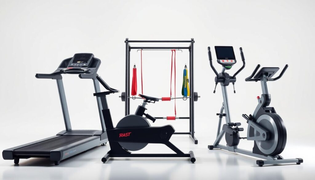 A well-lit, high-resolution studio photograph showcasing a side-by-side comparison of top-of-the-line home gym machines. In the foreground, a treadmill, exercise bike, and rowing machine stand proudly, their sleek, modern designs and premium finishes gleaming under soft, directional lighting. In the middle ground, a weight rack and resistance bands add to the comprehensive home gym setup. The background is a clean, minimalist white studio space, allowing the equipment to take center stage. The overall mood is one of sophistication, quality, and practicality, emphasizing the key features and benefits that make these machines ideal for the urban home fitness enthusiast. A well-lit, high-resolution studio photograph showcasing a side-by-side comparison of top-of-the-line home gym machines. In the foreground, a treadmill, exercise bike, and rowing machine stand proudly, their sleek, modern designs and premium finishes gleaming under soft, directional lighting. In the middle ground, a weight rack and resistance bands add to the comprehensive home gym setup. The background is a clean, minimalist white studio space, allowing the equipment to take center stage. The overall mood is one of sophistication, quality, and practicality, emphasizing the key features and benefits that make these machines ideal for the urban home fitness enthusiast.
