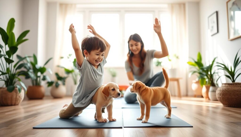 A cozy home yoga studio filled with natural light. In the foreground, a young child and a playful puppy attempt beginner animal poses together, their movements fluid and joyful. In the middle ground, an adult guides them gently, their expressions serene. The background features lush houseplants, soft textures, and a minimalist decor that creates a calming, welcoming atmosphere. Warm, diffused lighting casts a soothing glow, capturing the tranquil, family-oriented scene. A cozy home yoga studio filled with natural light. In the foreground, a young child and a playful puppy attempt beginner animal poses together, their movements fluid and joyful. In the middle ground, an adult guides them gently, their expressions serene. The background features lush houseplants, soft textures, and a minimalist decor that creates a calming, welcoming atmosphere. Warm, diffused lighting casts a soothing glow, capturing the tranquil, family-oriented scene.