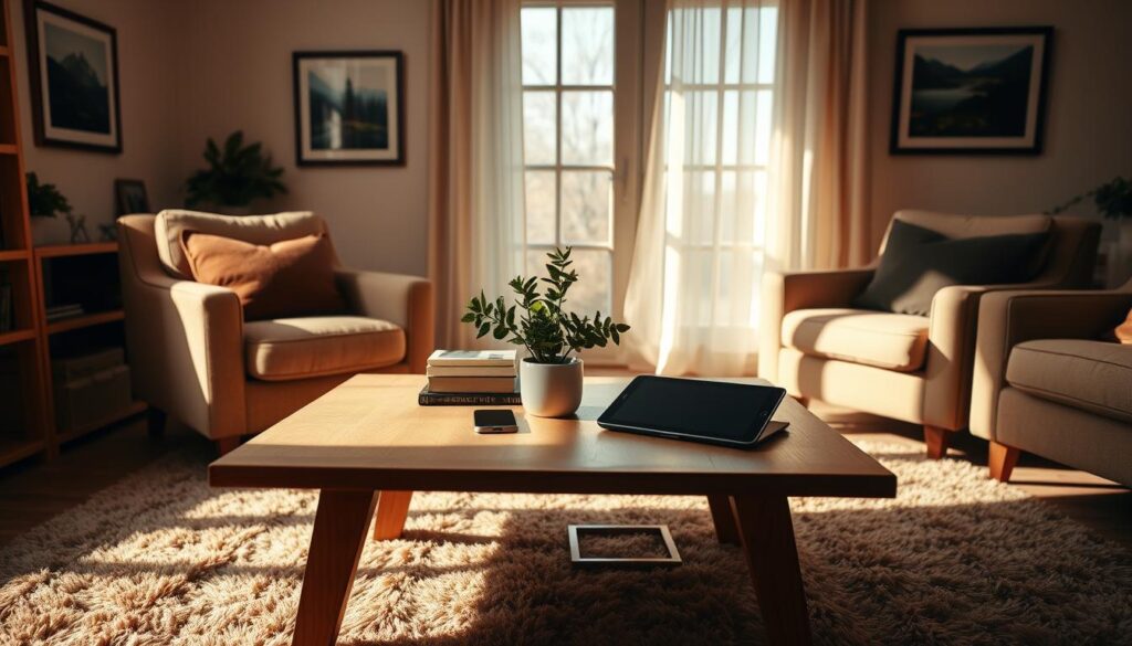 A cozy living room bathed in warm, natural light. On a minimalist wooden table, a smartphone and tablet lie untouched, their screens dark. Nearby, a lush potted plant and a stack of books add a sense of serenity. The walls are adorned with framed nature photography, casting a calming ambiance. A plush, earth-toned rug grounds the space, inviting bare feet to sink in. A pair of armchairs face each other, creating an intimate setting for unplugged conversation or quiet contemplation. The overall mood is one of tranquility and digital disconnection, emphasizing the harmony between technology and nature.