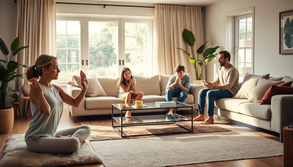 A cozy living room filled with family members engaged in various wellness activities. In the foreground, a mother and daughter perform gentle yoga poses on plush rugs, faces serene and focused. In the middle ground, a father and son play a board game at a sleek coffee table, their expressions animated with laughter. The background depicts a large window overlooking a tranquil garden, soft natural light filtering in and creating a warm, inviting atmosphere. The overall scene conveys a sense of connection, mindfulness, and quality time spent together, perfect for illustrating the "Staying Social from Afar" section of the article.