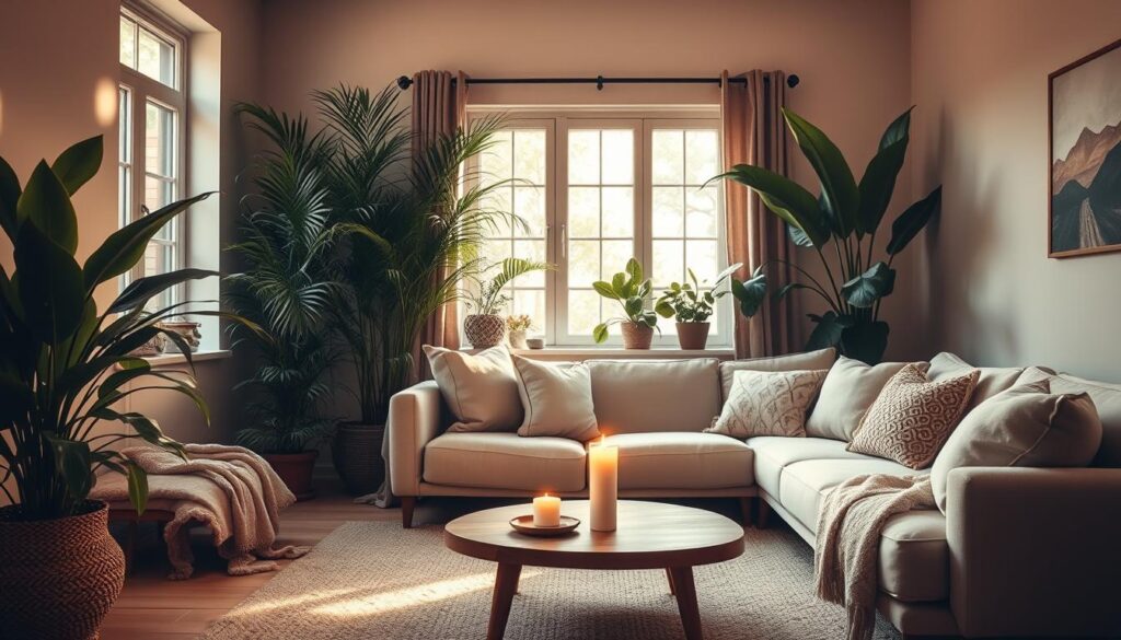 A cozy living room with warm, soft lighting and a plush, inviting sofa. Tall, lush houseplants in the corners, their leaves gently swaying. A large window allows natural light to filter in, casting a soothing glow. On a low, wooden coffee table, a scented candle flickers, its calming aroma permeating the space. Neutral-toned textiles and earth-inspired accents create a harmonious, tranquil atmosphere. The room exudes a sense of comfort and relaxation, inviting one to unwind and find solace.