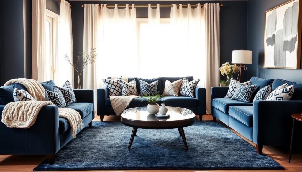 A cozy navy blue living room with plush velvet sofas, soft knit throws, and artfully arranged navy and white patterned pillows. The room is bathed in warm, natural light filtering through sheer linen curtains, creating a calming ambiance. A mid-century inspired coffee table with a glossy navy blue finish sits atop a soft, textured navy area rug. On the walls, framed abstract art in shades of navy, white, and gray adds visual interest. The overall feel is one of serene sophistication, perfect for unwinding and creating a tranquil, restorative home environment.