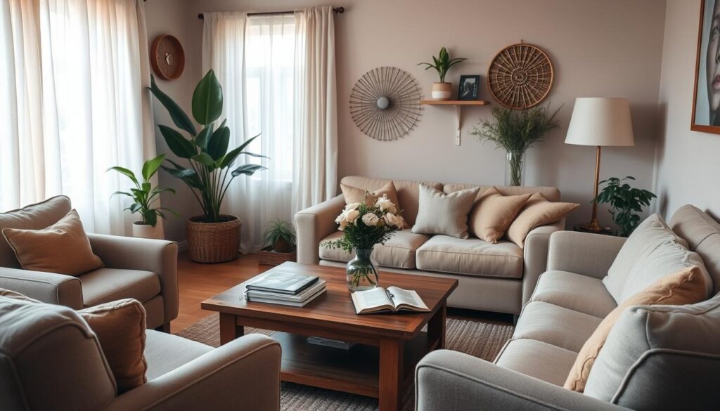 A cozy, well-lit living room with soft, natural lighting filtering through sheer curtains. Plush, inviting armchairs and a comfortable sofa arranged around a low wooden coffee table. Houseplants and a decorative vase with fresh flowers add pops of greenery and color. Warm, earthy tones in the furnishings and wall decor create a serene, calming atmosphere. The room's layout promotes relaxation and mindfulness, with no visible electronic devices or screens. A stack of books, a journal, and a cup of tea sit on the coffee table, inviting occupants to unwind and engage in screen-free activities. A cozy, well-lit living room with soft, natural lighting filtering through sheer curtains. Plush, inviting armchairs and a comfortable sofa arranged around a low wooden coffee table. Houseplants and a decorative vase with fresh flowers add pops of greenery and color. Warm, earthy tones in the furnishings and wall decor create a serene, calming atmosphere. The room's layout promotes relaxation and mindfulness, with no visible electronic devices or screens. A stack of books, a journal, and a cup of tea sit on the coffee table, inviting occupants to unwind and engage in screen-free activities.