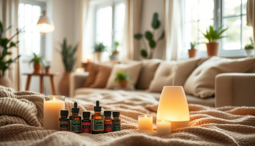 A serene and inviting aromatherapy scene set in a cozy, well-lit living room. In the foreground, a collection of essential oil bottles, candles, and a diffuser emit a soft, soothing glow. The middle ground features plush, earthy-toned textiles, like a throw blanket and cushions, creating a comforting and relaxing ambiance. In the background, potted plants and natural-toned wooden furniture add to the calming, nature-inspired atmosphere. Soft, diffused lighting from floor lamps and windows bathes the scene in a warm, gentle radiance, evoking a sense of serenity and mindfulness. The overall composition and palette evoke a feeling of increased energy and well-being. A serene and inviting aromatherapy scene set in a cozy, well-lit living room. In the foreground, a collection of essential oil bottles, candles, and a diffuser emit a soft, soothing glow. The middle ground features plush, earthy-toned textiles, like a throw blanket and cushions, creating a comforting and relaxing ambiance. In the background, potted plants and natural-toned wooden furniture add to the calming, nature-inspired atmosphere. Soft, diffused lighting from floor lamps and windows bathes the scene in a warm, gentle radiance, evoking a sense of serenity and mindfulness. The overall composition and palette evoke a feeling of increased energy and well-being.