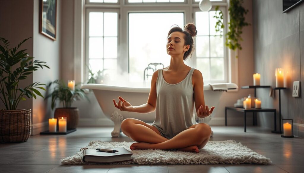 A serene bathroom setting with a claw-foot tub filled with steaming water, surrounded by softly glowing candles and lush greenery. In the foreground, a person sits cross-legged on a plush bath mat, eyes closed in meditation, a leather-bound journal and a pen on the floor beside them. Diffused natural light filters through a large window, casting a warm, calming glow over the scene. The overall atmosphere evokes a sense of tranquility and mindfulness, inviting the viewer to engage in their own calming evening rituals for better sleep.