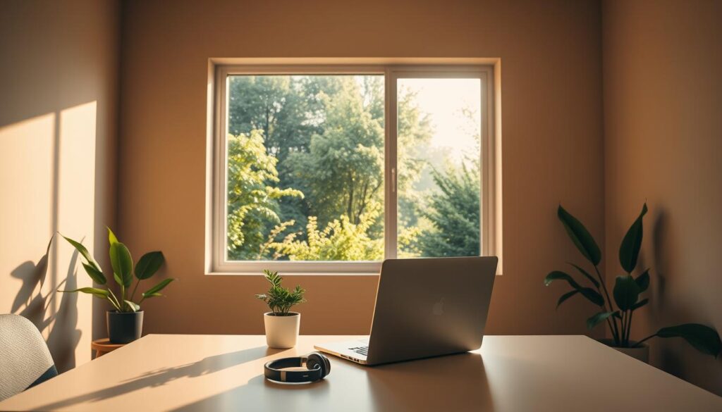 A serene home office, bathed in warm, natural lighting. In the foreground, a stylish, minimalist desk with a laptop, a plant, and a pair of noise-cancelling headphones, symbolizing a balanced approach to technology. In the middle ground, a large, frameless window overlooks a lush, green outdoor scene, providing a tranquil view and a sense of connection to nature. The background features muted, earthy tones, creating a calming, contemplative atmosphere. The overall composition conveys a harmonious integration of digital tools and physical well-being, inspiring a mindful, healthy relationship with technology.