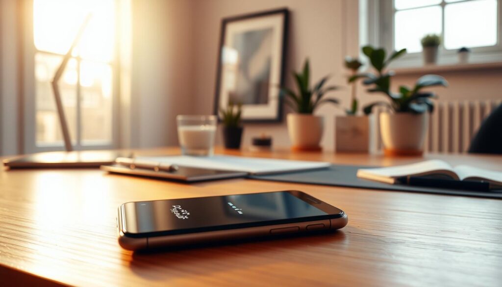A serene home office scene, illuminated by warm, natural lighting filtering through large windows. In the foreground, a smartphone rests on a minimalist wooden desk, its screen displaying a "Do Not Disturb" notification, signaling a digital detox moment. The middle ground features sleek, monochrome office accessories, subtly complementing the tranquil atmosphere. In the background, potted plants and a framed piece of abstract art add a touch of elegance and mindfulness, creating a calming, distraction-free workspace. The overall composition conveys a sense of control, focus, and intentional digital disengagement.