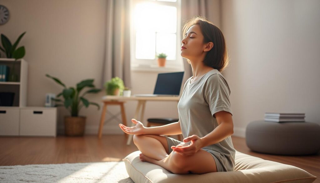 A serene home office setting with a person sitting on a cushion, engaged in guided breathing exercises. Soft natural light filters through a window, casting a warm glow on the scene. The foreground features the person's hands resting gently on their lap, their eyes closed in a meditative state. The middle ground showcases a minimalist workspace with a laptop, potted plant, and a small stack of books. The background depicts a neutral-toned wall, providing a calming backdrop. The overall atmosphere conveys a sense of tranquility and mindfulness, perfectly capturing the "Midday Mindfulness" theme.